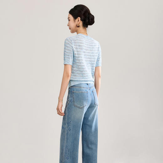 「高货wl」全新升级【铂金会员183/天猫249/差价66】(03748)洛诗琳立体段染织花短袖上衣2026新款显瘦亮片镂空针织T恤 商品图2