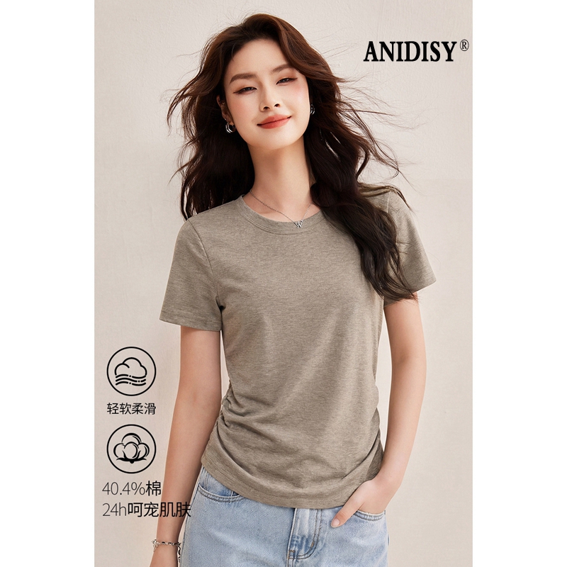 时尚圆领短袖褶皱收腰T恤
