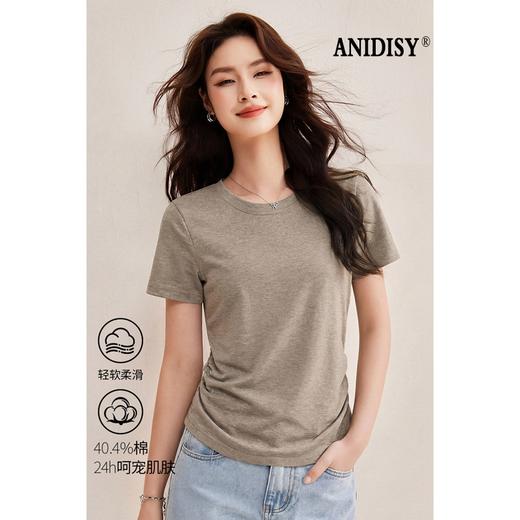 时尚圆领短袖褶皱收腰T恤 商品图0