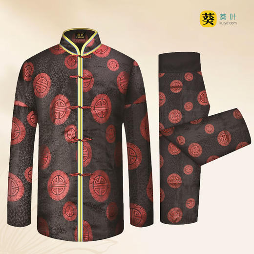 男士薄款织锦唐装黑底红三元寿6件套寿衣寿服套装 商品图1