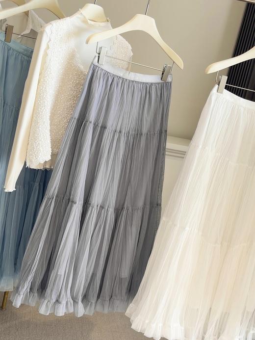 法式温柔风 中长款大摆伞裙 女春夏季新款高腰网纱A字裙 褶皱百褶半身裙 商品图9