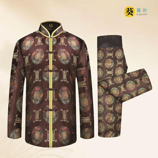 男士薄款织锦唐装咖啡福寿金6件套寿衣寿服套装 商品图1