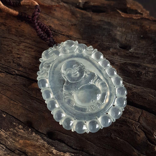【天然正品】A货翡翠天然细腻冰种连珠瑞兽纹佛公造型（平安吉祥、福气满满）翡翠吊坠项链43.7*33.3*4.7MM（皆取最大值）220326TJ14 商品图3