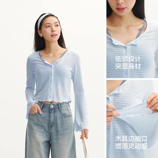 森马长袖T恤女夏短款肌理提花修身木耳边针织衫圆领2026新款开衫 商品图2