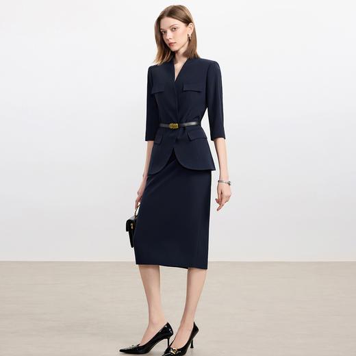 IWY/工装通勤藏蓝色职业套装女七分袖职场办公商务工装藏青色套装套裙CS2340 商品图3