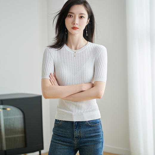 【咖啡色 预售7天】米思阳2026夏季新款通勤简约风毛针织衫螺纹设计感修身上衣女1925/1269 商品图4