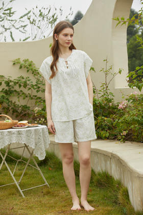 【单件6折/2件5折】【秀黛】女国风盘扣印花短袖套装女士夏季短袖睡衣家居服ML554013T【门店同款】