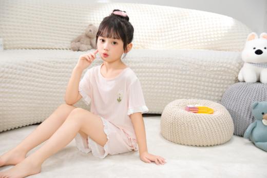 【7.5折新品特惠】【秀黛】女童圆领软萌短袖套装混纺轻盈透气撞色花边田园小淑女儿童睡衣家居服W2440003T【门店同款】 商品图1