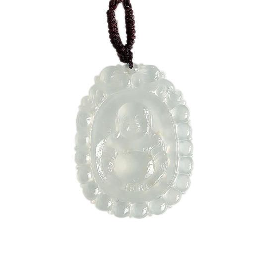 【天然正品】A货翡翠天然细腻冰种连珠瑞兽纹佛公造型（平安吉祥、福气满满）翡翠吊坠项链43.7*33.3*4.7MM（皆取最大值）220326TJ14 商品图0