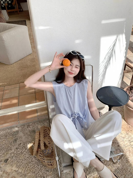 专柜实拍【小众设计！】拉夏贝尔/La Chapelle蕾丝圆领拼接花边下摆褶皱系带无袖小衫简约净版薄上衣 商品图11