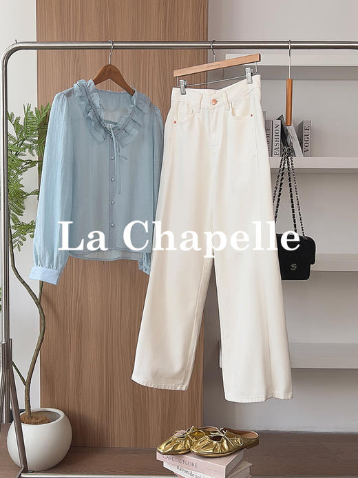专柜实拍【露丝同款】拉夏贝尔/La Chapelle质感牛仔！复古单扣口袋后撞色标直筒阔腿白色净版牛仔裤 商品图0