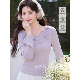 鹿向南「琉璃花海」法式设计感紫色T恤女春小众气质修身短款上衣