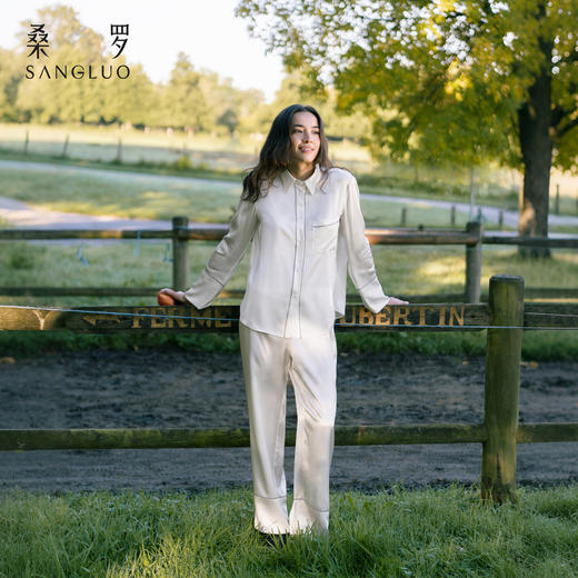 无色纯净』桑罗立领真丝睡衣套装100%桑蚕丝女长袖家居服可外穿 商品图1