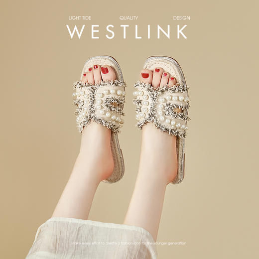 西遇度假凉拖鞋女2026夏季新款草编珍珠绝美平底一脚蹬外穿沙滩鞋V0066408 商品图2