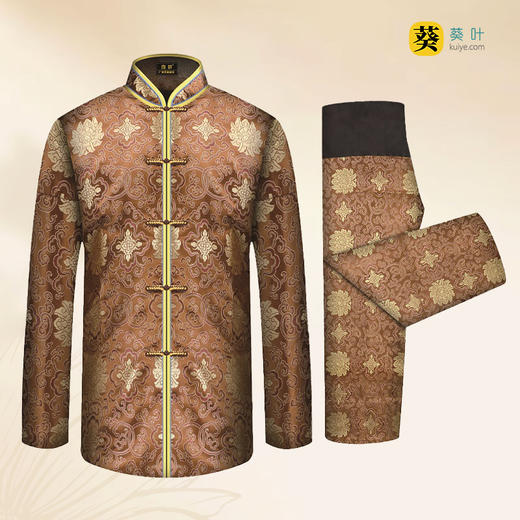 男士薄款织锦唐装古铜色富贵花6件套寿衣寿服套装 商品图1
