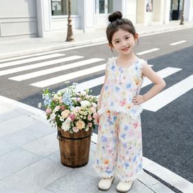 童洛萌女童套装夏季新款洋气儿童宝宝花边无袖背心时尚阔腿裤两件套90-150