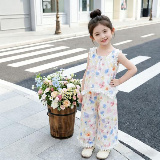 童洛萌女童套装夏季新款洋气儿童宝宝花边无袖背心时尚阔腿裤两件套90-150 商品图0