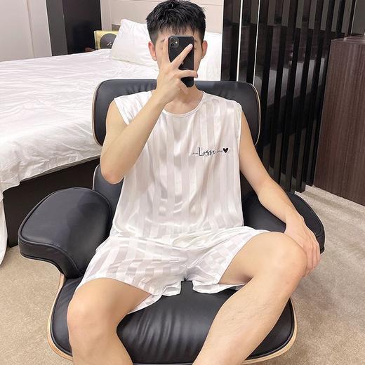 无袖男士睡衣夏季休闲宽松纯色条纹凉感冰丝背心家居服套装可外穿 商品图3