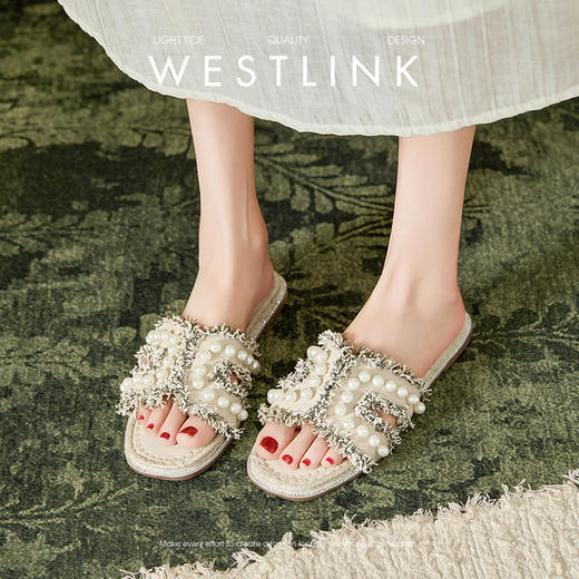 西遇度假凉拖鞋女2026夏季新款草编珍珠绝美平底一脚蹬外穿沙滩鞋V0066408 商品图1