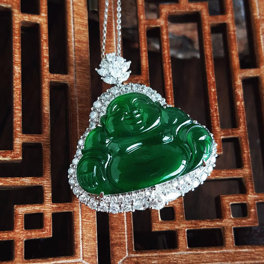 【天然正品】A货翡翠AU750收藏级白金豪镶钻镶天然细腻满绿冰种佛公造型翡翠吊坠项链37.1*34.1*12.1MM（皆取最大值）260326NJS16 商品图8