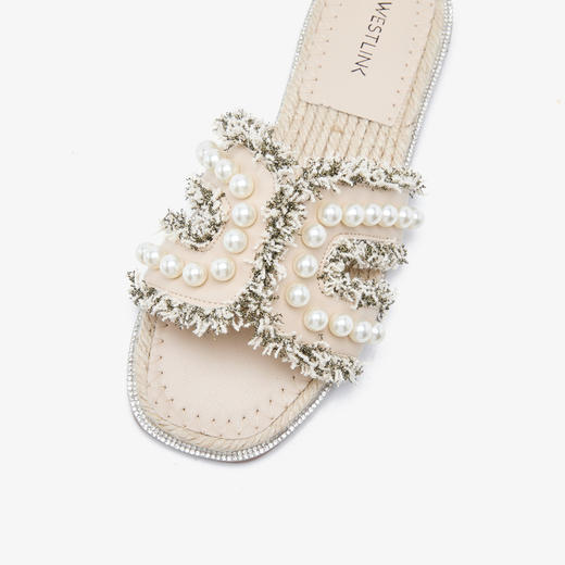 西遇度假凉拖鞋女2026夏季新款草编珍珠绝美平底一脚蹬外穿沙滩鞋V0066408 商品图5