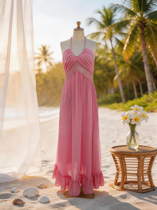 【孤品样衣，不退不换】度假风海边显白挂脖露肩连衣裙