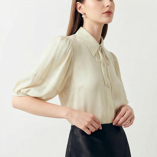 PALUOPO/PL翻领国风双绉真丝灯笼袖衬衫女短袖T恤上衣ES23728Z-A 商品图3
