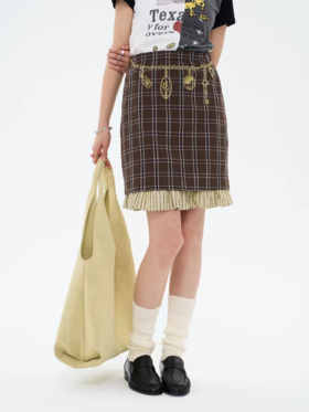 local tag/lt26ssk16/金色腰链 刺绣花边半裙 松紧腰格子拼接短裙