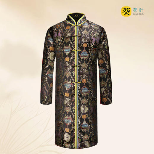 男士织锦长袍黑色双鱼（偏襟）薄款5件套寿衣寿服套装 商品图1