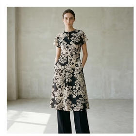 PALUOPO/PL圆领时尚小众桑蚕丝碎花裙双绉真丝连衣裙ES23833Z-A