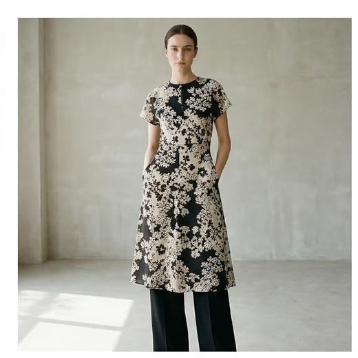 PALUOPO/PL圆领时尚小众桑蚕丝碎花裙双绉真丝连衣裙ES23833Z-A 商品图0