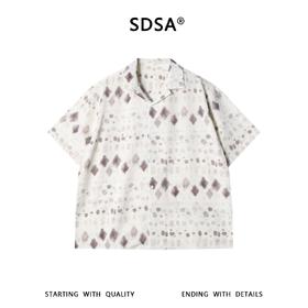 SDSA男装2026新款轻奢几何菱形满印古巴领短袖衬衫宽松复古上衣