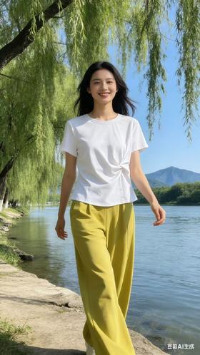 680W27新款长绒棉皱腰短袖T恤