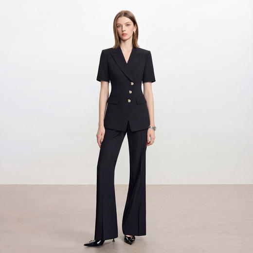 IWY/黑色短袖西装套装女夏职业装收腰阔腿裤两件套商务通勤正装6CP33 商品图0