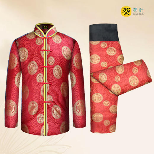 男士薄款织锦唐装大红三元寿6件套寿衣寿服套装 商品图1