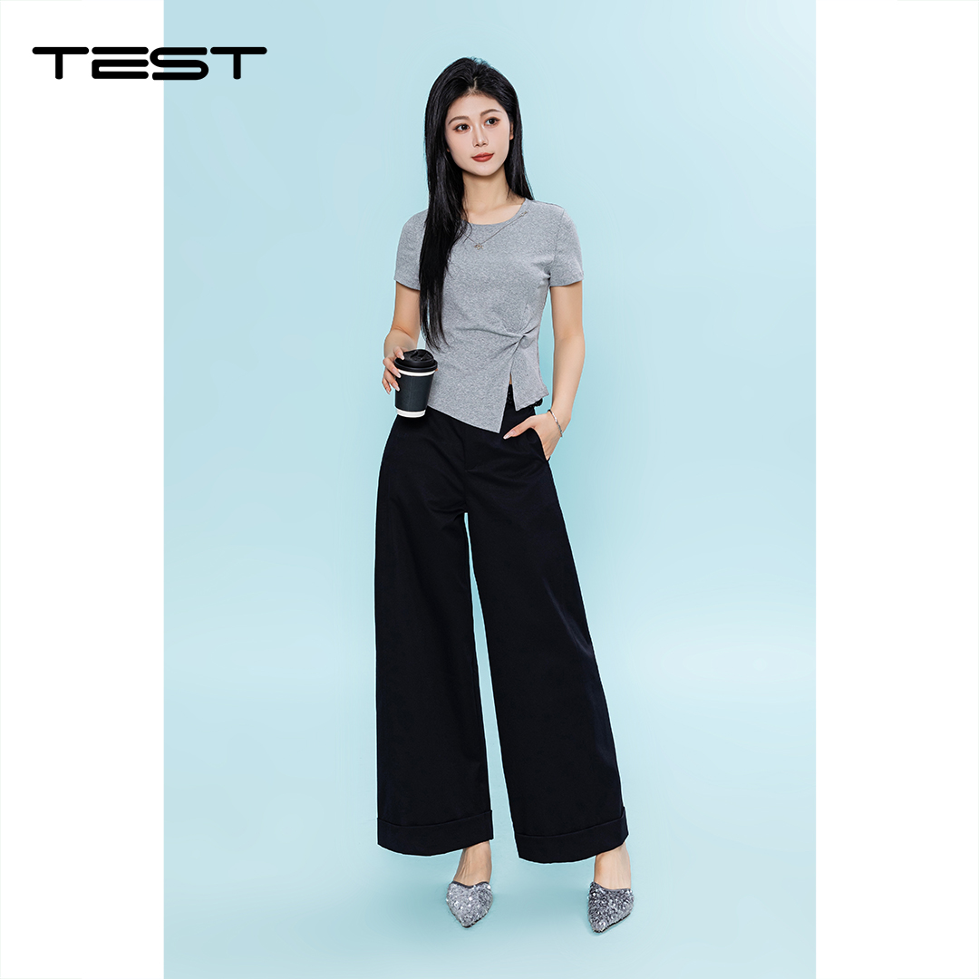 夏上新收腰显瘦不规则开叉正肩扭结设计T恤1262023