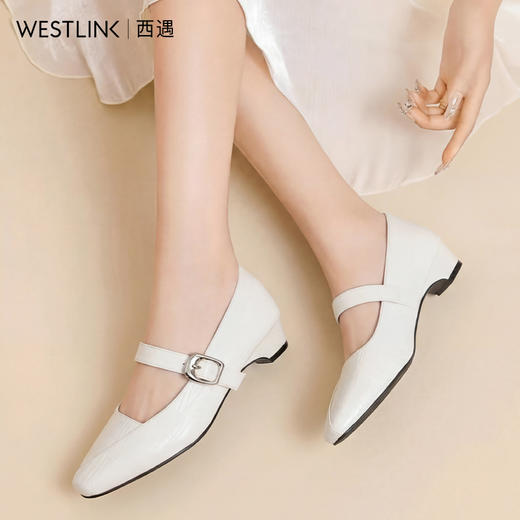 西遇一字带粗跟浅口单鞋2026春季新款法式复古通勤方头玛丽珍鞋女V0566334 商品图1