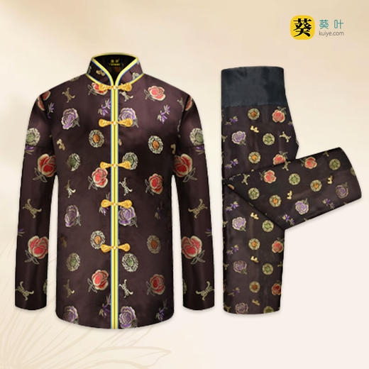 女士薄款织锦唐装咖啡玫瑰6件套寿衣寿服套装 商品图1