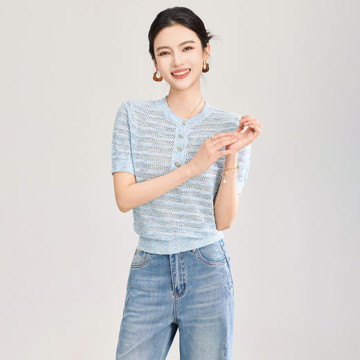 「高货wl」全新升级【铂金会员183/天猫249/差价66】(03748)洛诗琳立体段染织花短袖上衣2026新款显瘦亮片镂空针织T恤 商品图0
