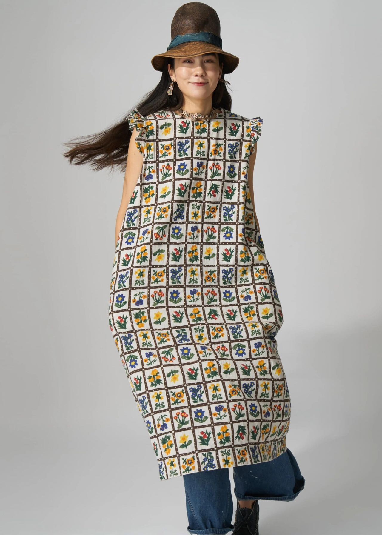 日系4/5*R艺术印花棉麻小飞袖宽松廓形连衣裙&上衣