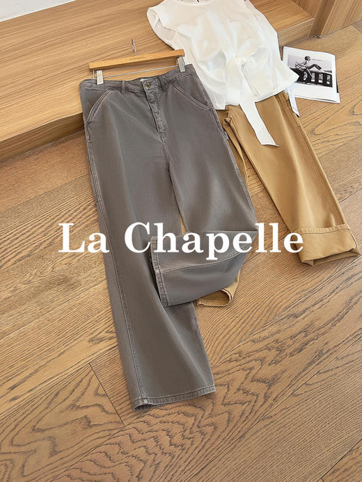 专柜实拍【全棉工装牛仔】拉夏贝尔/La Chapelle宽松复古高腰单扣裤袢工装风直筒牛仔裤美式做旧伐木裤 商品图0