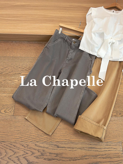 专柜实拍【全棉工装牛仔】拉夏贝尔/La Chapelle宽松复古高腰单扣裤袢工装风直筒牛仔裤美式做旧伐木裤 商品图3
