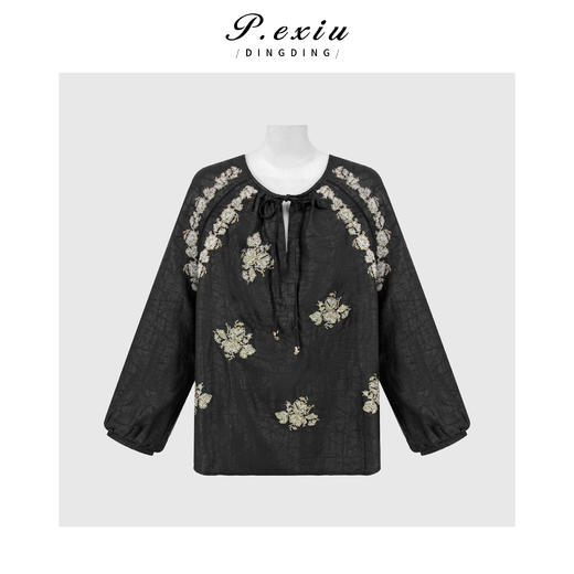 PanYiXiu/潘依绣【砂金夜叙】100%桑蚕丝黑龟纹新中式刺绣系带长袖衬衫 AB81651 商品图0