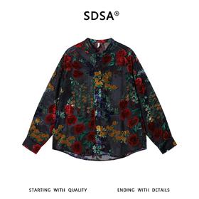 SDSA男装2026新款高贵轻奢植绒玫瑰花卉长袖衬衫宽松立领复古上衣