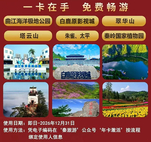 持卡免费逛【曲江海洋极地公园】、翠华山、塔云山、朱雀、太平、奉岭国家植物园等超多家优质景区！2026秦旅游惠民年卡仅需95元/张 商品图1
