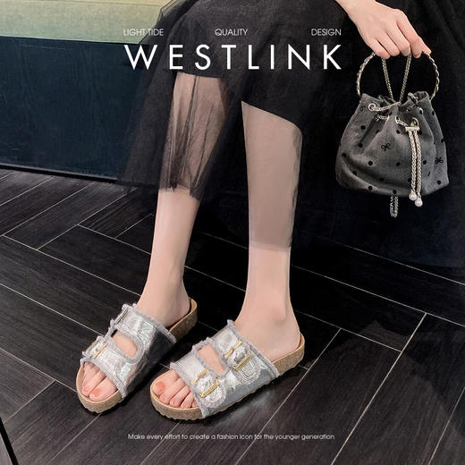 西遇勃肯凉拖鞋女2026夏季新款百搭不累脚一字拖外穿银色沙滩鞋V0066412 商品图2