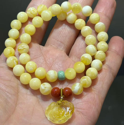 【青山特惠】7.7mm原矿俄料白花蜡蜜蜡2圈手链，搭配原矿绿松，南红，蜜蜡小如意，12.23g m
53 商品图1