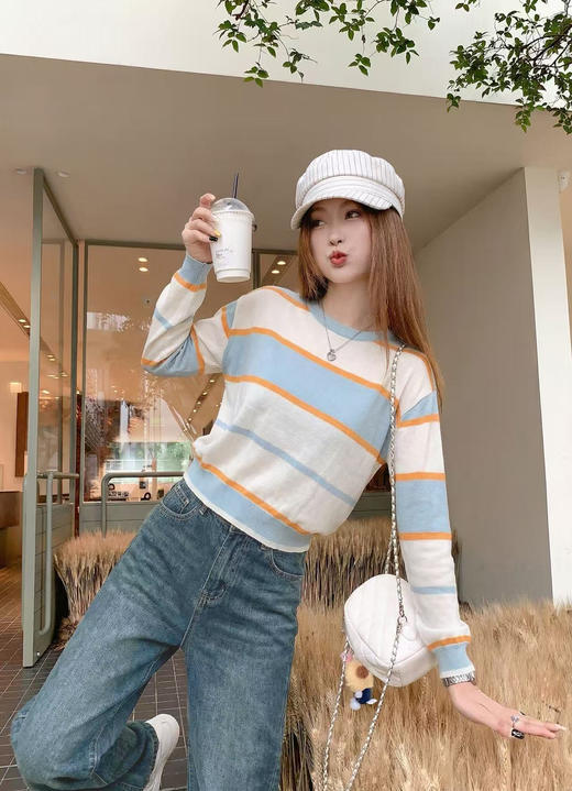 <曾小咸推荐>4.10现货秒杀 ！微信超特价！韩系撞色条纹针织t恤 日常159.99 立减90 秒杀69.99！！ 商品图5