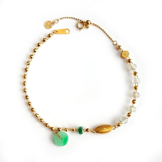 【天然正品】A货翡翠AU750黄金镶天然细腻糯种飘辣阳绿平安扣配冰种桶珠翡翠手链 链长：21CM（长度可调节）080426XY18 商品图0