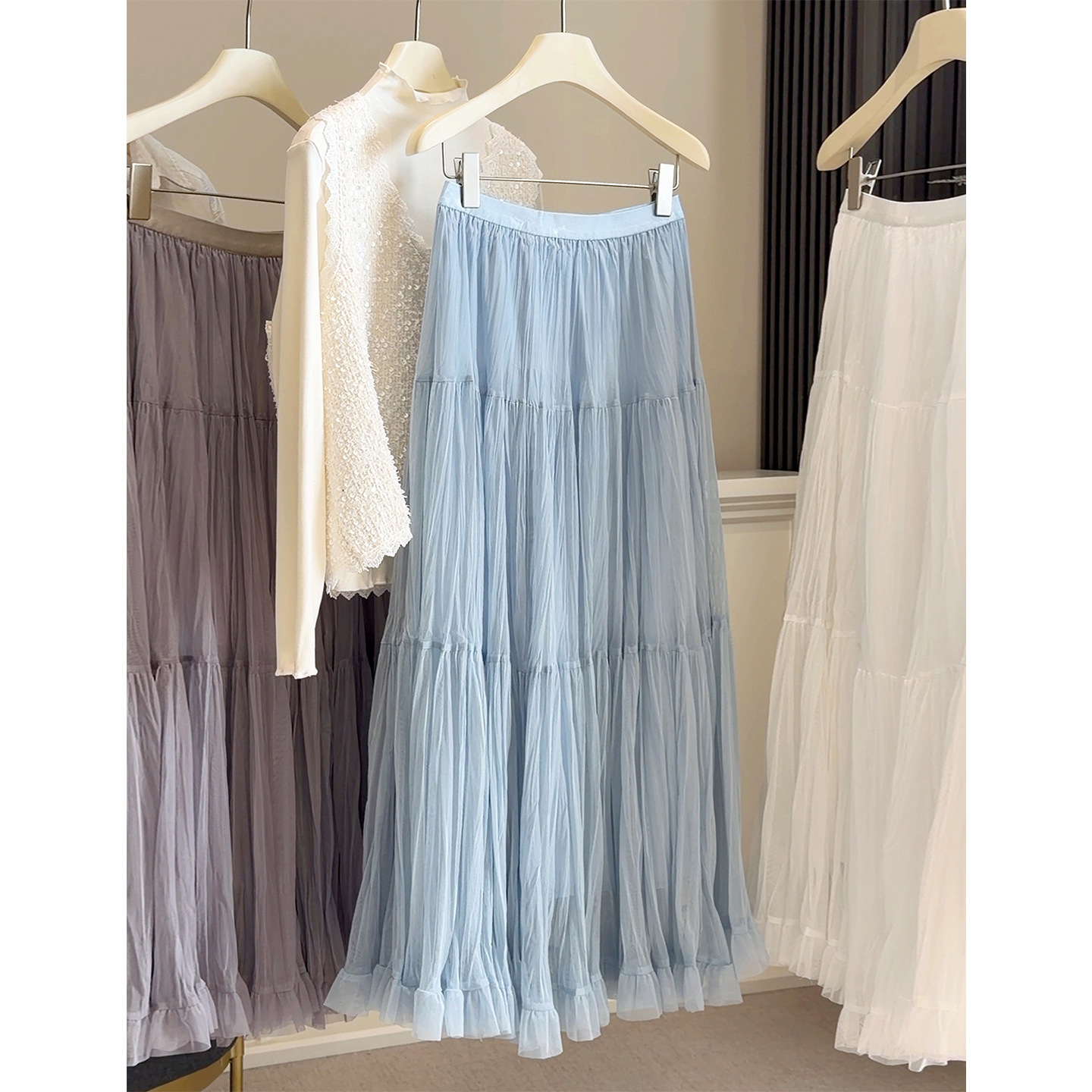 法式温柔风 中长款大摆伞裙 女春夏季新款高腰网纱A字裙 褶皱百褶半身裙